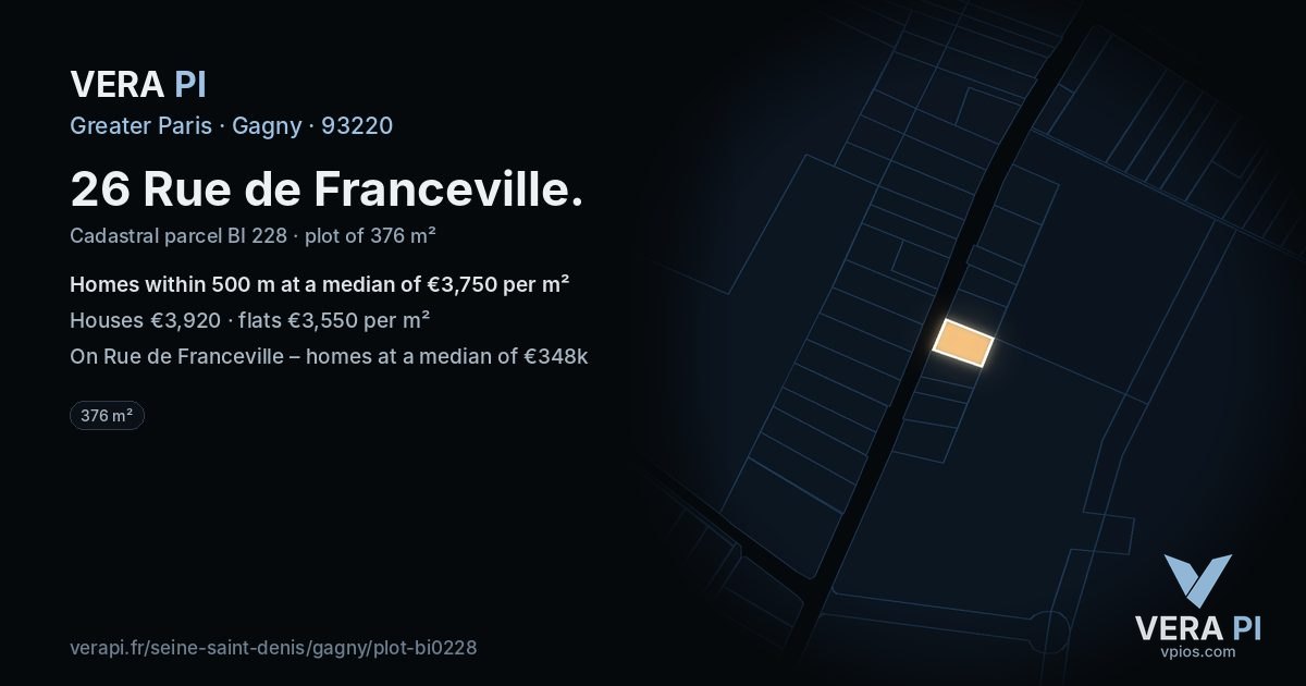 26 Rue de Franceville, Gagny at night – the plot lit, the parcels around coloured by the prices near them