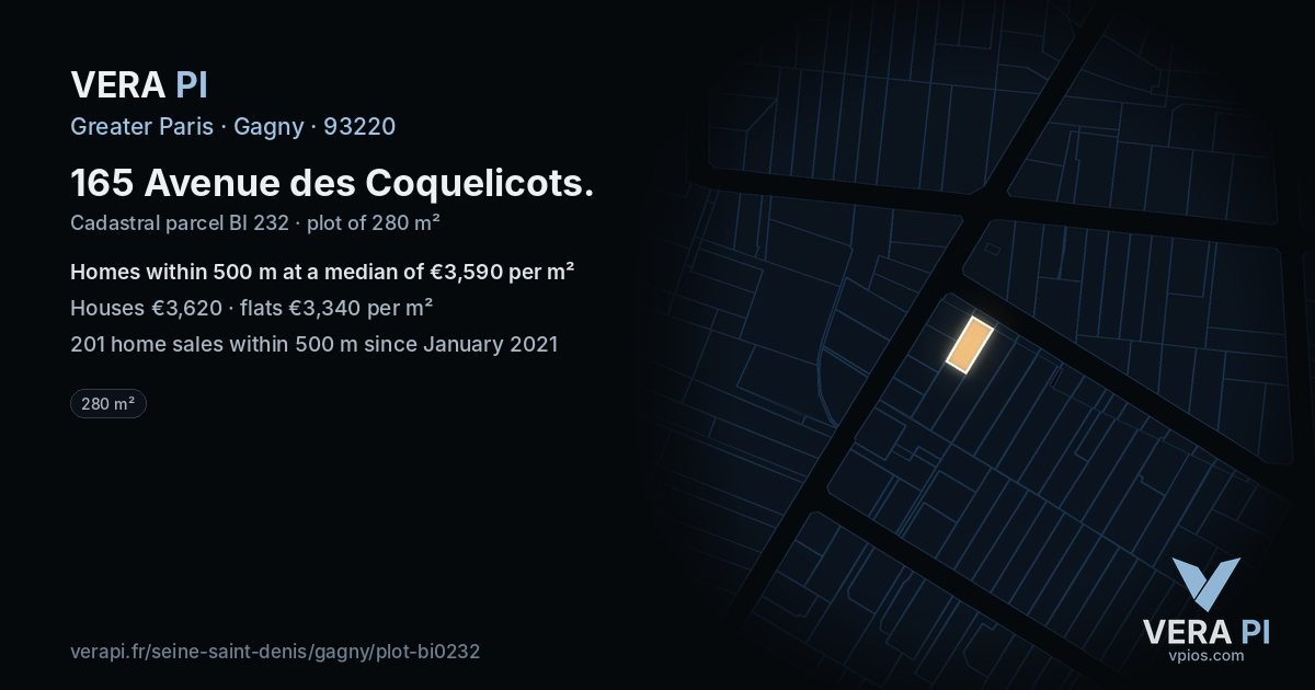 165 Avenue des Coquelicots, Gagny at night – the plot lit, the parcels around coloured by the prices near them