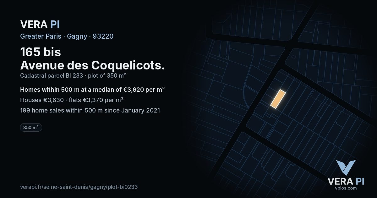165 bis Avenue des Coquelicots, Gagny at night – the plot lit, the parcels around coloured by the prices near them