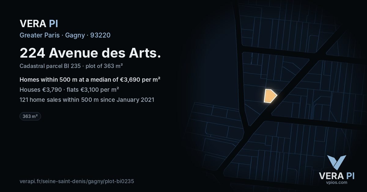 224 Avenue des Arts, Gagny at night – the plot lit, the parcels around coloured by the prices near them