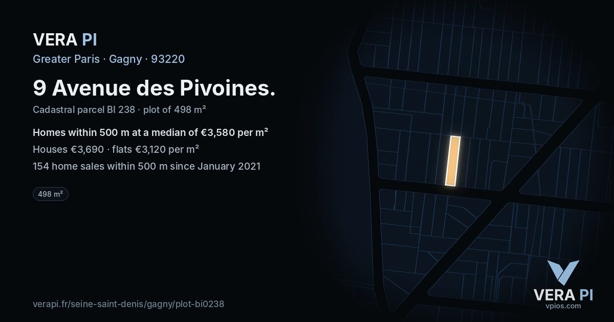 9 Avenue des Pivoines, Gagny at night – the plot lit, the parcels around coloured by the prices near them