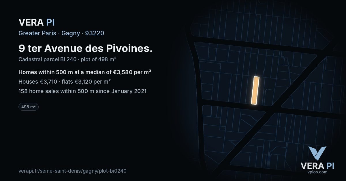 9 ter Avenue des Pivoines, Gagny at night – the plot lit, the parcels around coloured by the prices near them