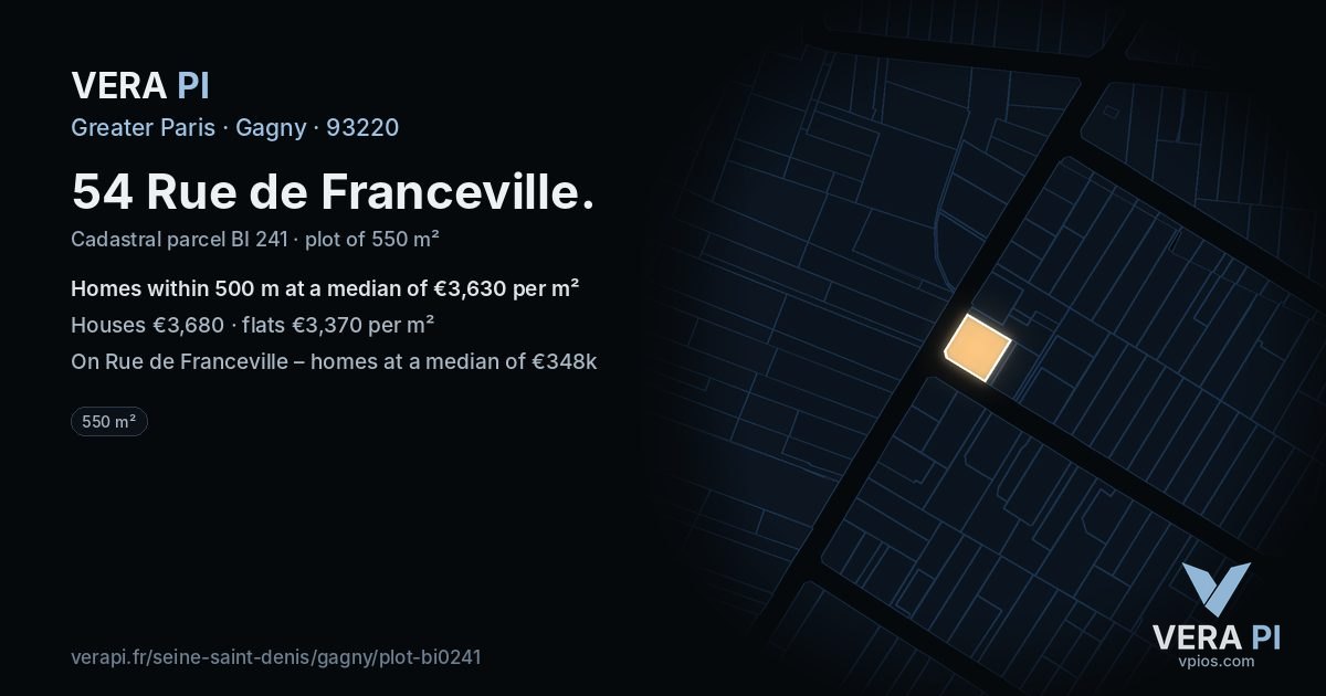 54 Rue de Franceville, Gagny at night – the plot lit, the parcels around coloured by the prices near them