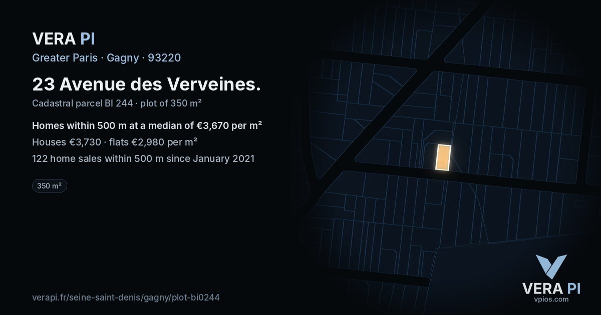 23 Avenue des Verveines, Gagny at night – the plot lit, the parcels around coloured by the prices near them