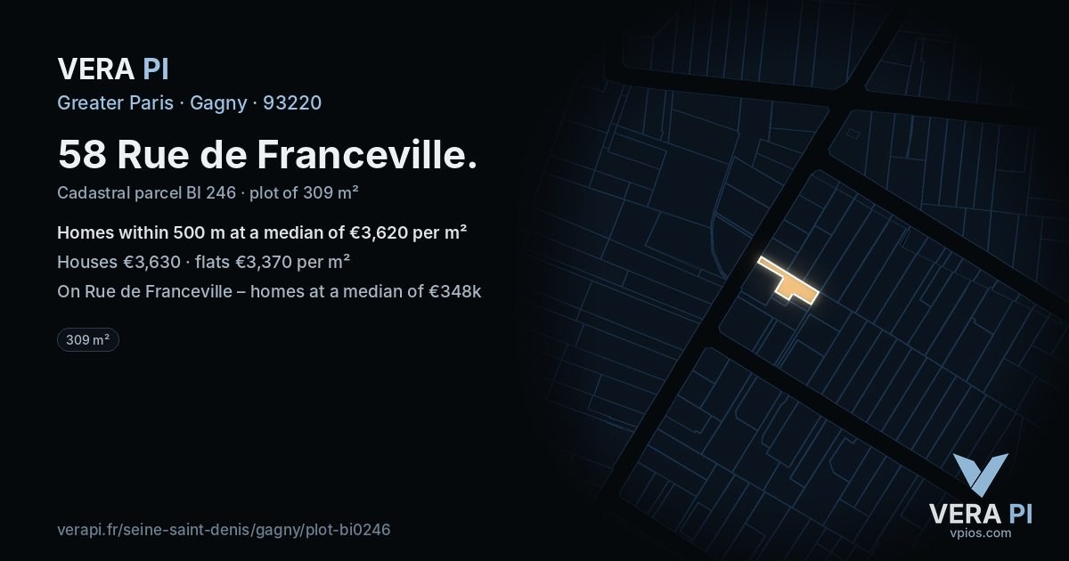 58 Rue de Franceville, Gagny at night – the plot lit, the parcels around coloured by the prices near them