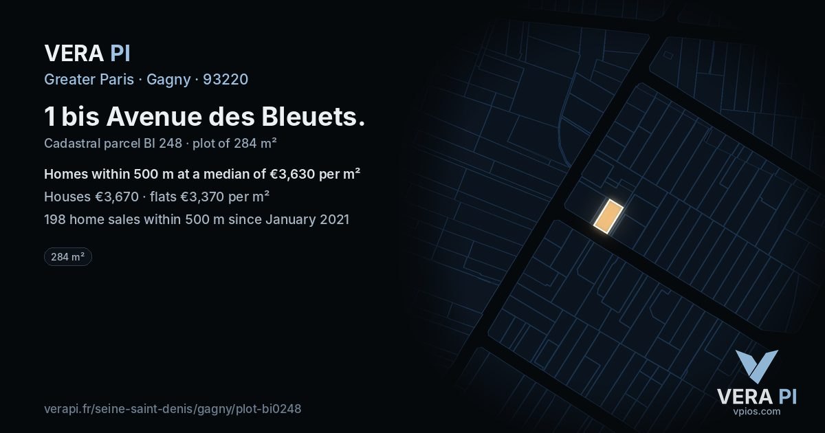 1 bis Avenue des Bleuets, Gagny at night – the plot lit, the parcels around coloured by the prices near them