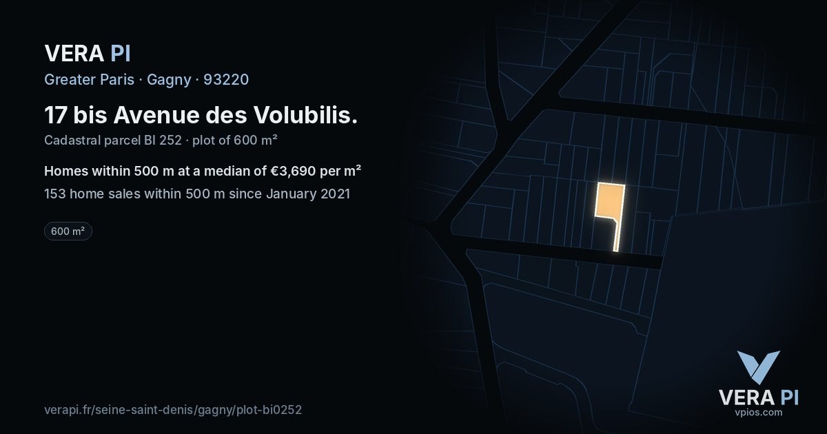 17 bis Avenue des Volubilis, Gagny at night – the plot lit, the parcels around coloured by the prices near them