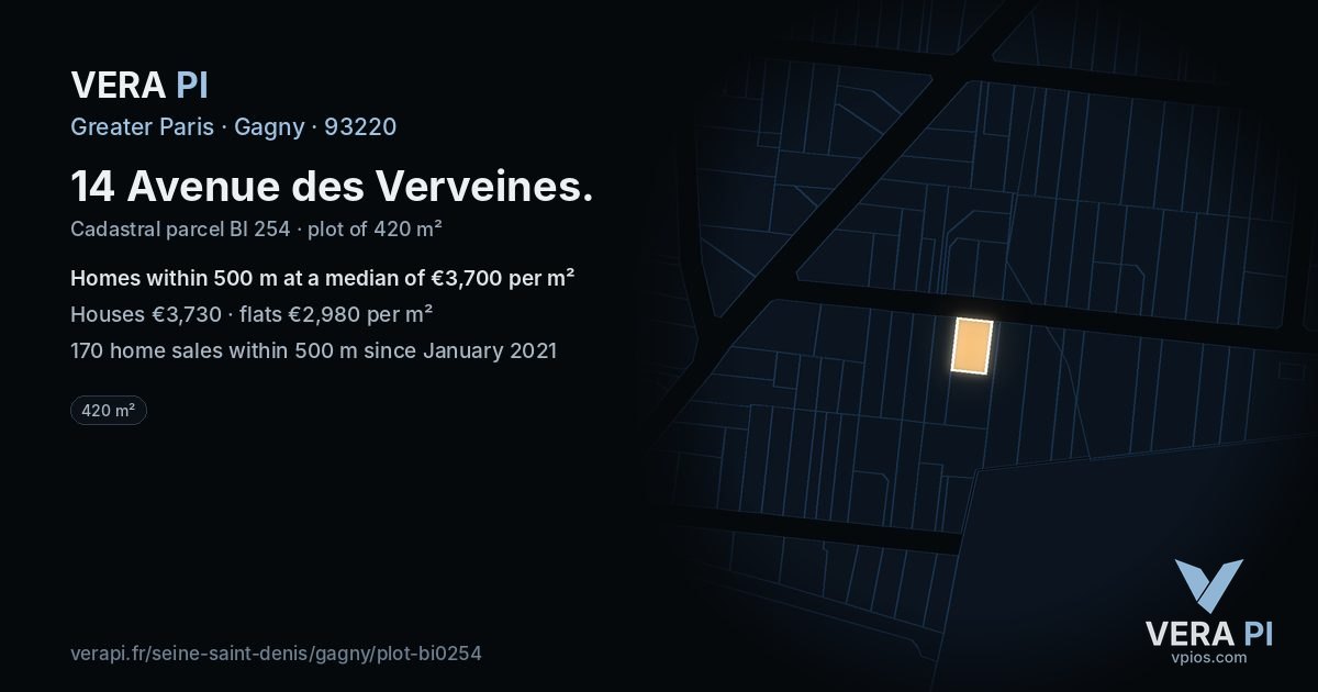 14 Avenue des Verveines, Gagny at night – the plot lit, the parcels around coloured by the prices near them