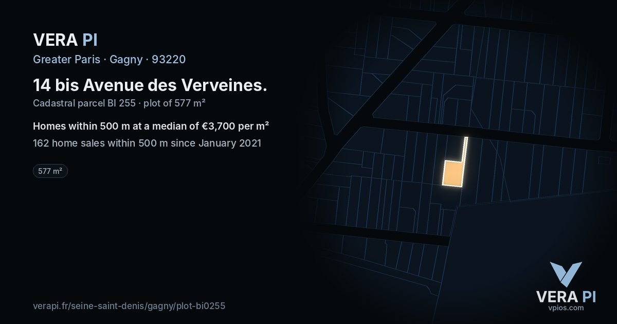 14 bis Avenue des Verveines, Gagny at night – the plot lit, the parcels around coloured by the prices near them