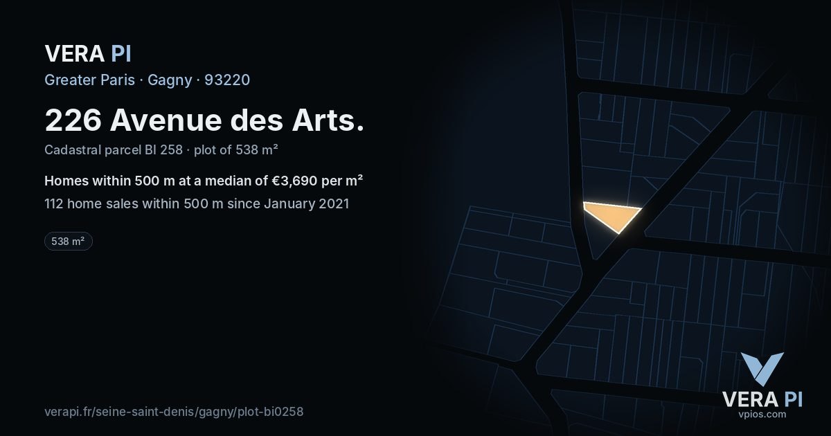 226 Avenue des Arts, Gagny at night – the plot lit, the parcels around coloured by the prices near them