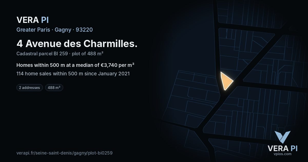 4 Avenue des Charmilles, Gagny at night – the plot lit, the parcels around coloured by the prices near them