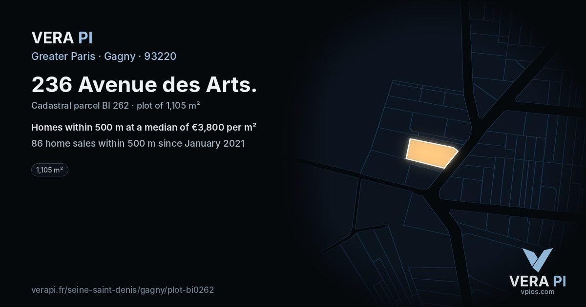 236 Avenue des Arts, Gagny at night – the plot lit, the parcels around coloured by the prices near them