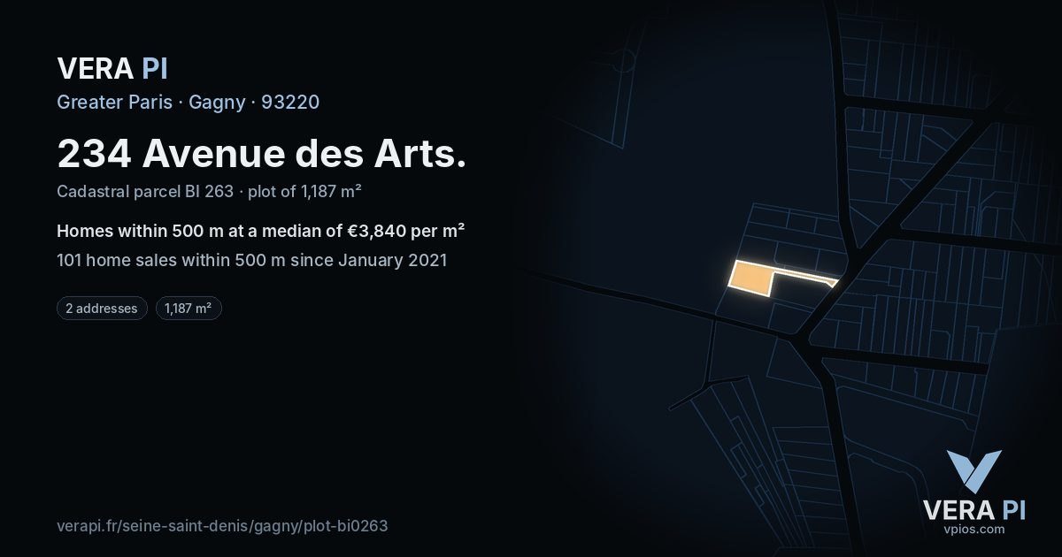 234 Avenue des Arts, Gagny at night – the plot lit, the parcels around coloured by the prices near them