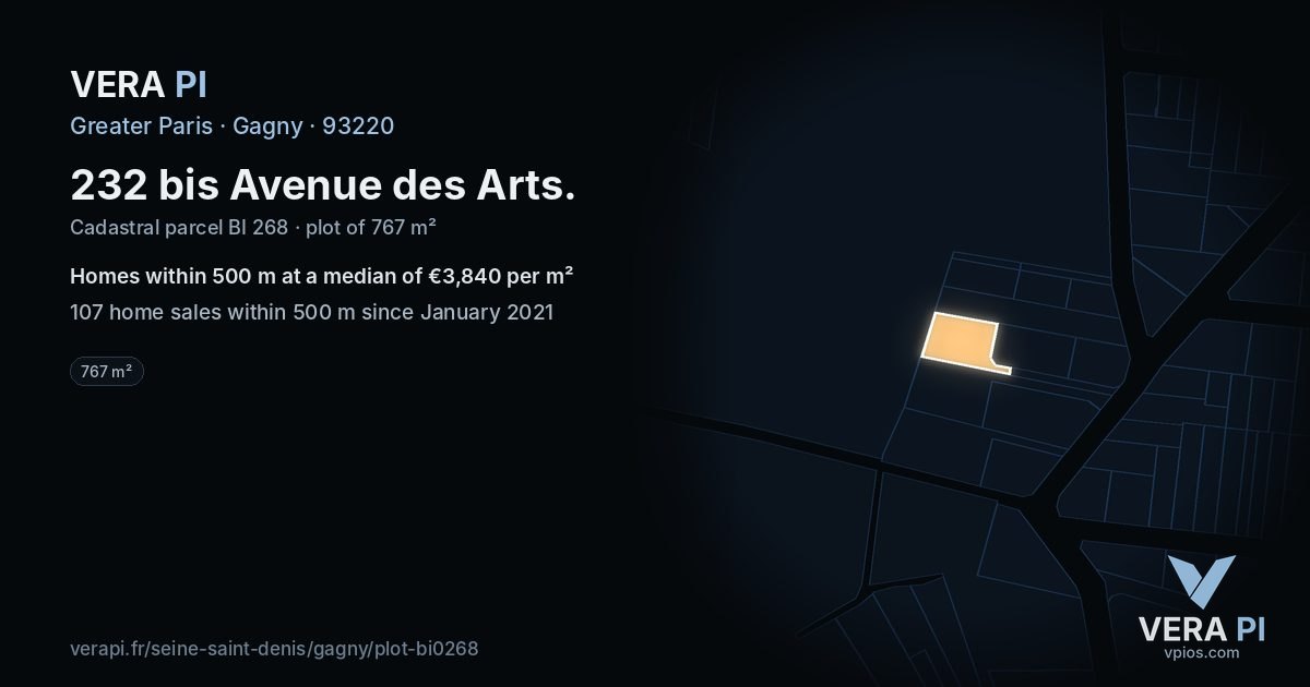 232 bis Avenue des Arts, Gagny at night – the plot lit, the parcels around coloured by the prices near them