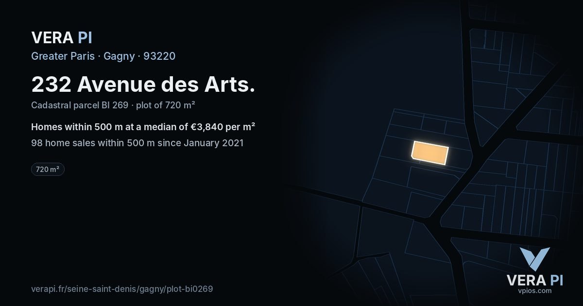 232 Avenue des Arts, Gagny at night – the plot lit, the parcels around coloured by the prices near them