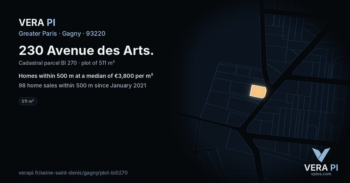230 Avenue des Arts, Gagny at night – the plot lit, the parcels around coloured by the prices near them