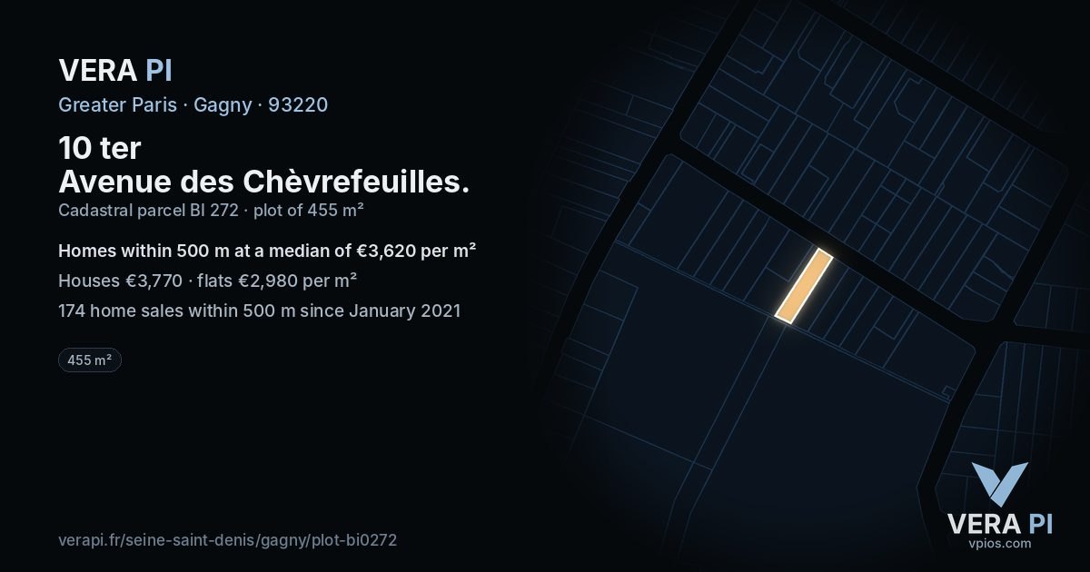 10 ter Avenue des Chèvrefeuilles, Gagny at night – the plot lit, the parcels around coloured by the prices near them