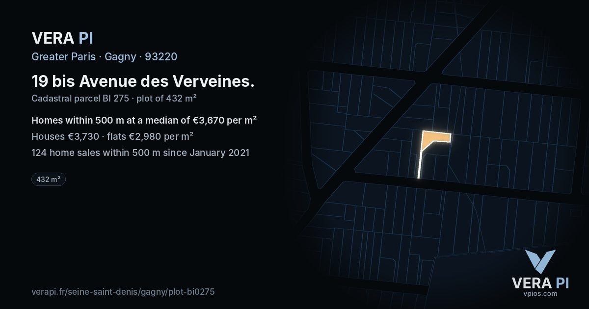 19 bis Avenue des Verveines, Gagny at night – the plot lit, the parcels around coloured by the prices near them