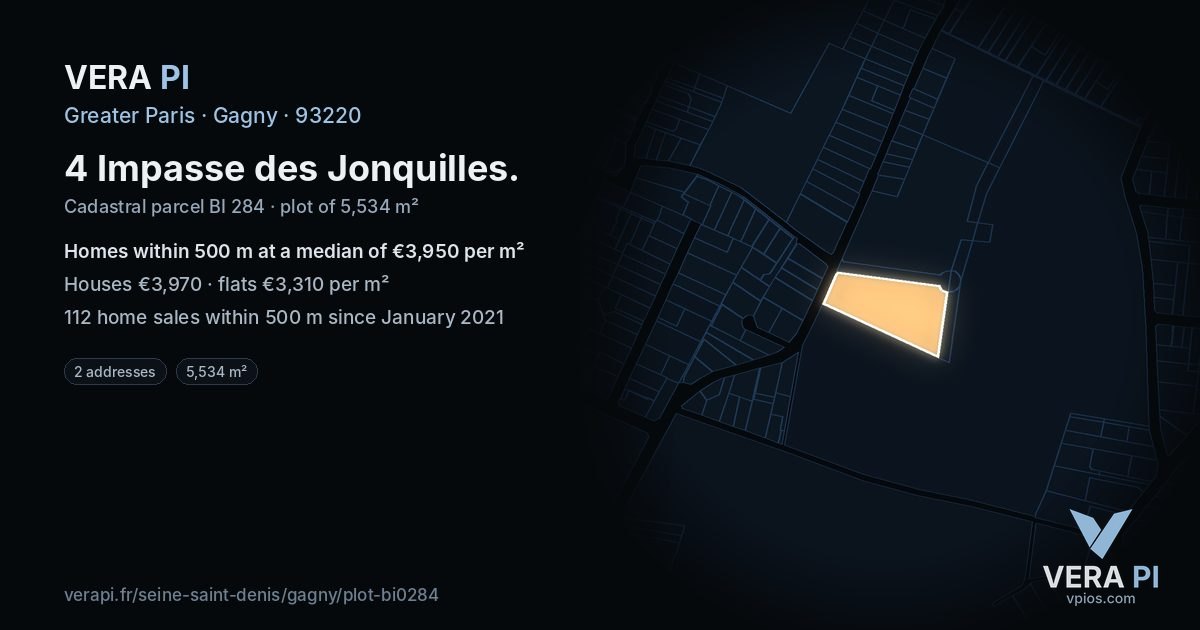 4 Impasse des Jonquilles, Gagny at night – the plot lit, the parcels around coloured by the prices near them