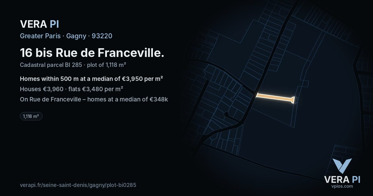 16 bis Rue de Franceville, Gagny at night – the plot lit, the parcels around coloured by the prices near them