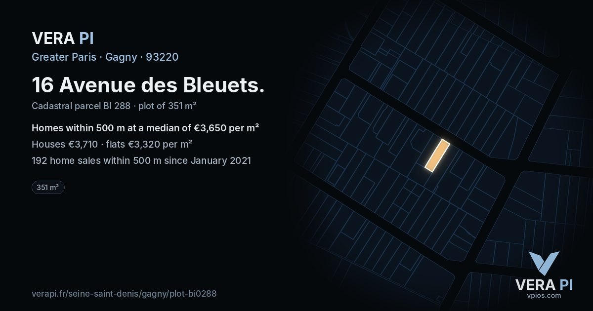16 Avenue des Bleuets, Gagny at night – the plot lit, the parcels around coloured by the prices near them