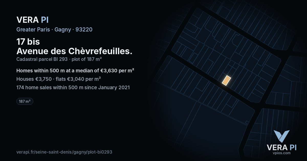 17 bis Avenue des Chèvrefeuilles, Gagny at night – the plot lit, the parcels around coloured by the prices near them