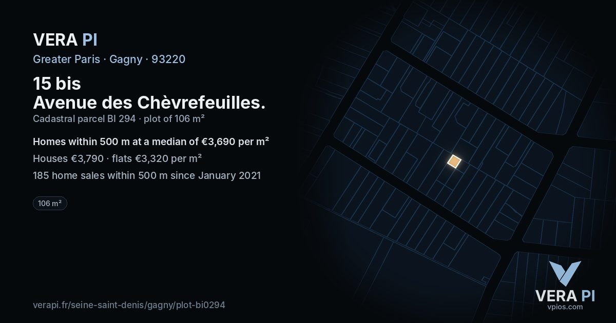 15 bis Avenue des Chèvrefeuilles, Gagny at night – the plot lit, the parcels around coloured by the prices near them