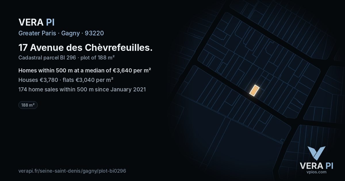 17 Avenue des Chèvrefeuilles, Gagny at night – the plot lit, the parcels around coloured by the prices near them