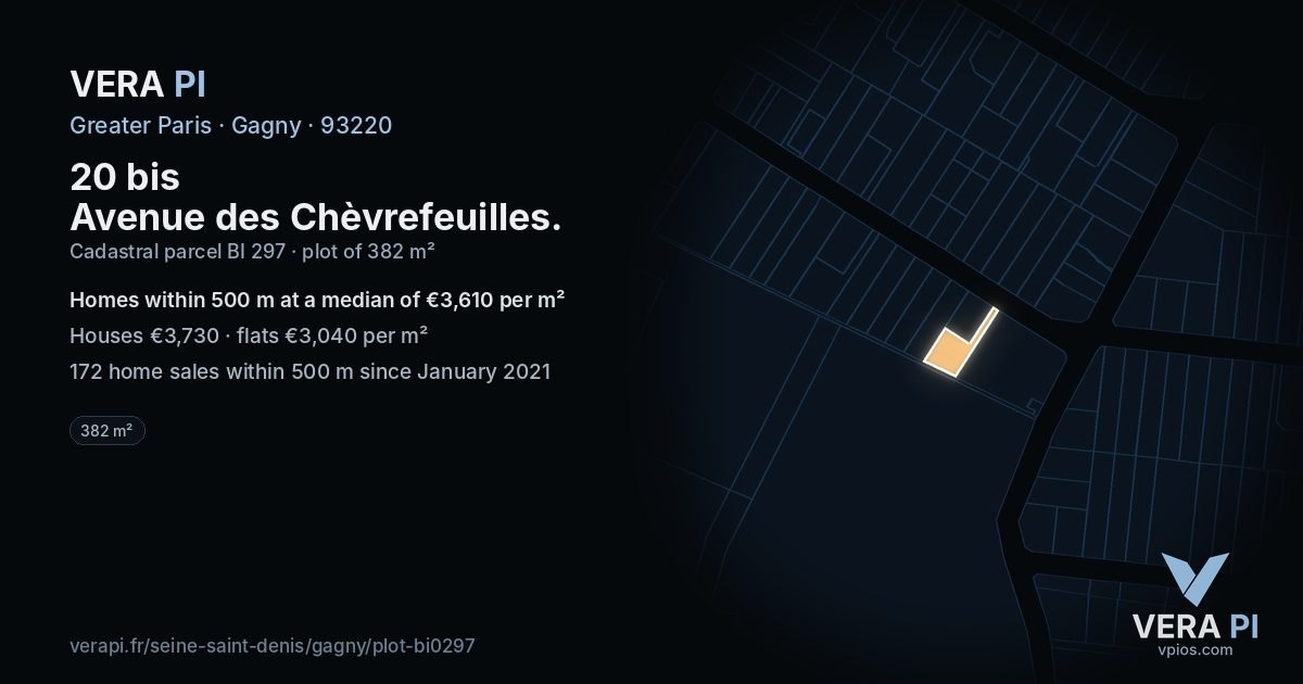 20 bis Avenue des Chèvrefeuilles, Gagny at night – the plot lit, the parcels around coloured by the prices near them