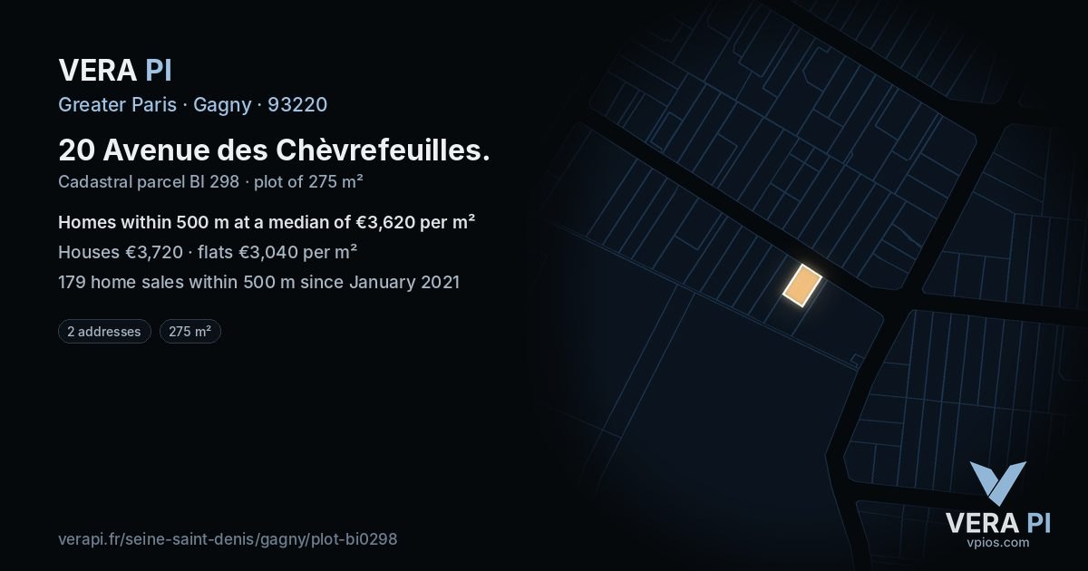 20 Avenue des Chèvrefeuilles, Gagny at night – the plot lit, the parcels around coloured by the prices near them