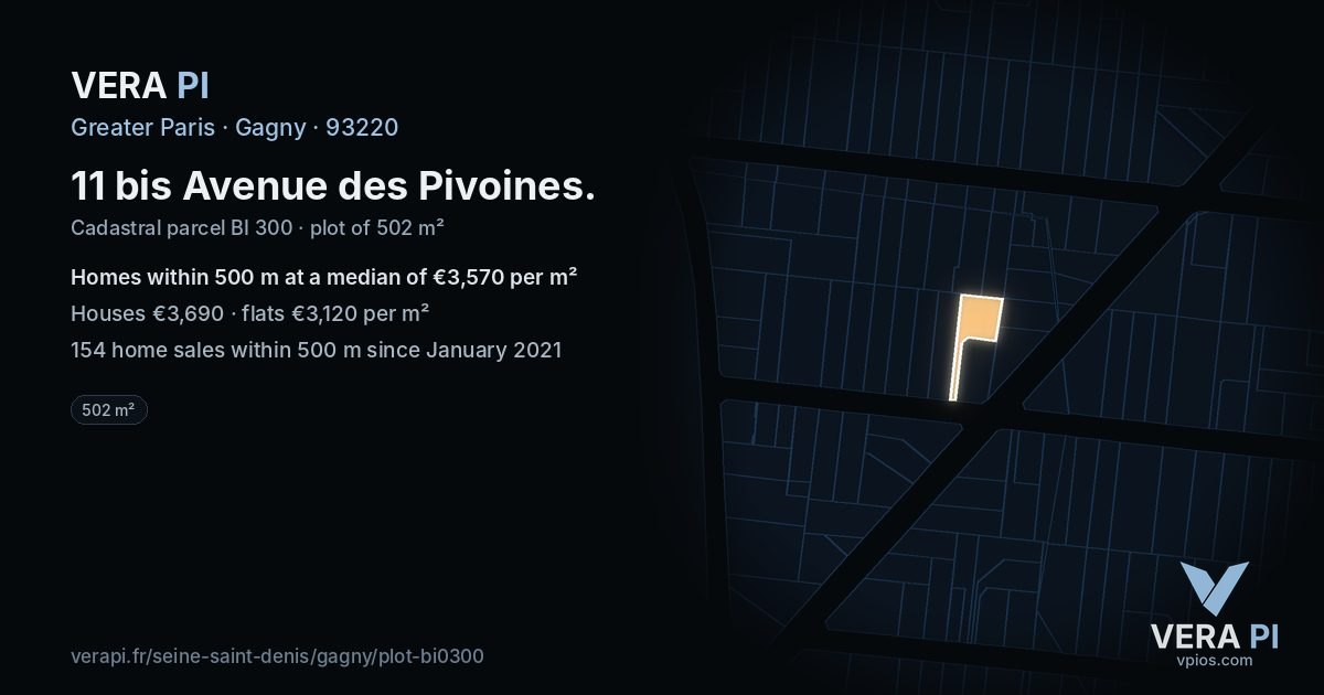 11 bis Avenue des Pivoines, Gagny at night – the plot lit, the parcels around coloured by the prices near them