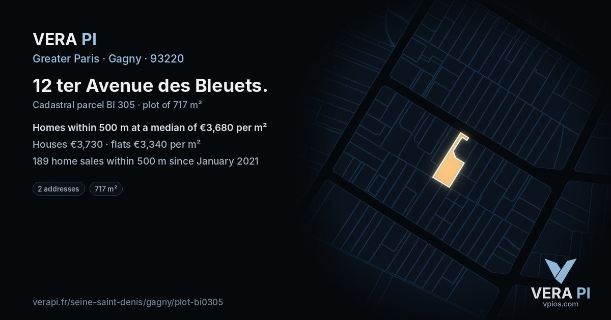 12 ter Avenue des Bleuets, Gagny at night – the plot lit, the parcels around coloured by the prices near them