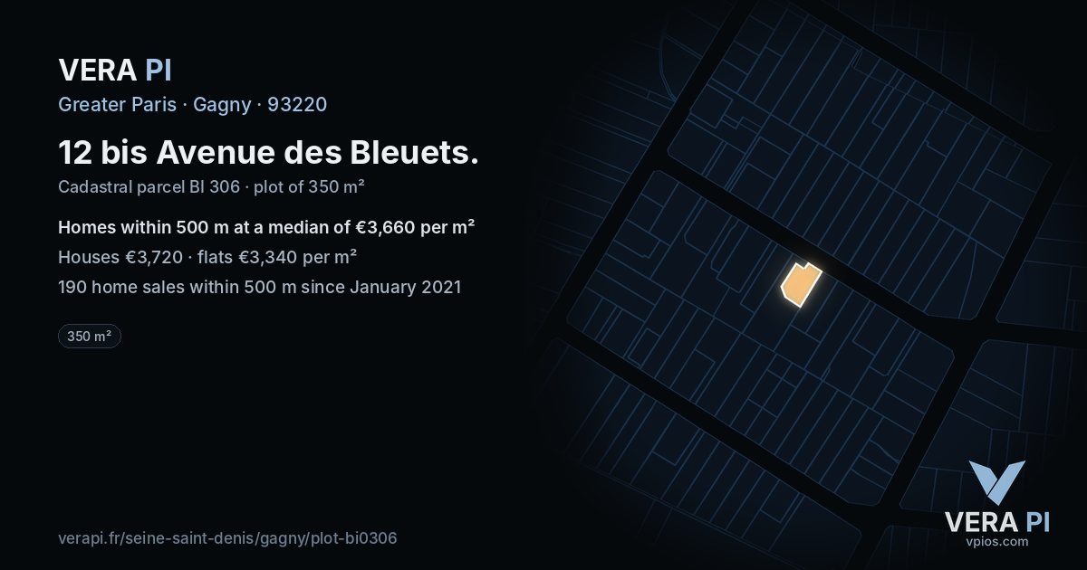 12 bis Avenue des Bleuets, Gagny at night – the plot lit, the parcels around coloured by the prices near them