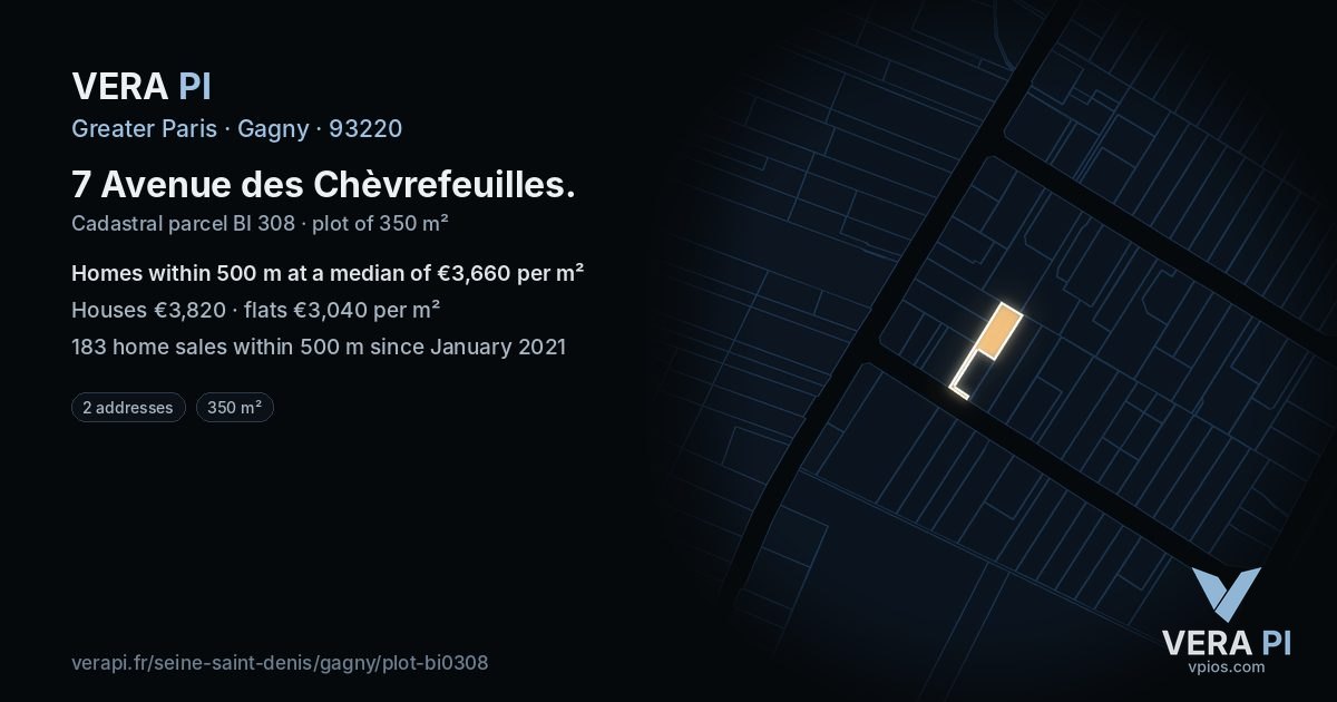 7 Avenue des Chèvrefeuilles, Gagny at night – the plot lit, the parcels around coloured by the prices near them