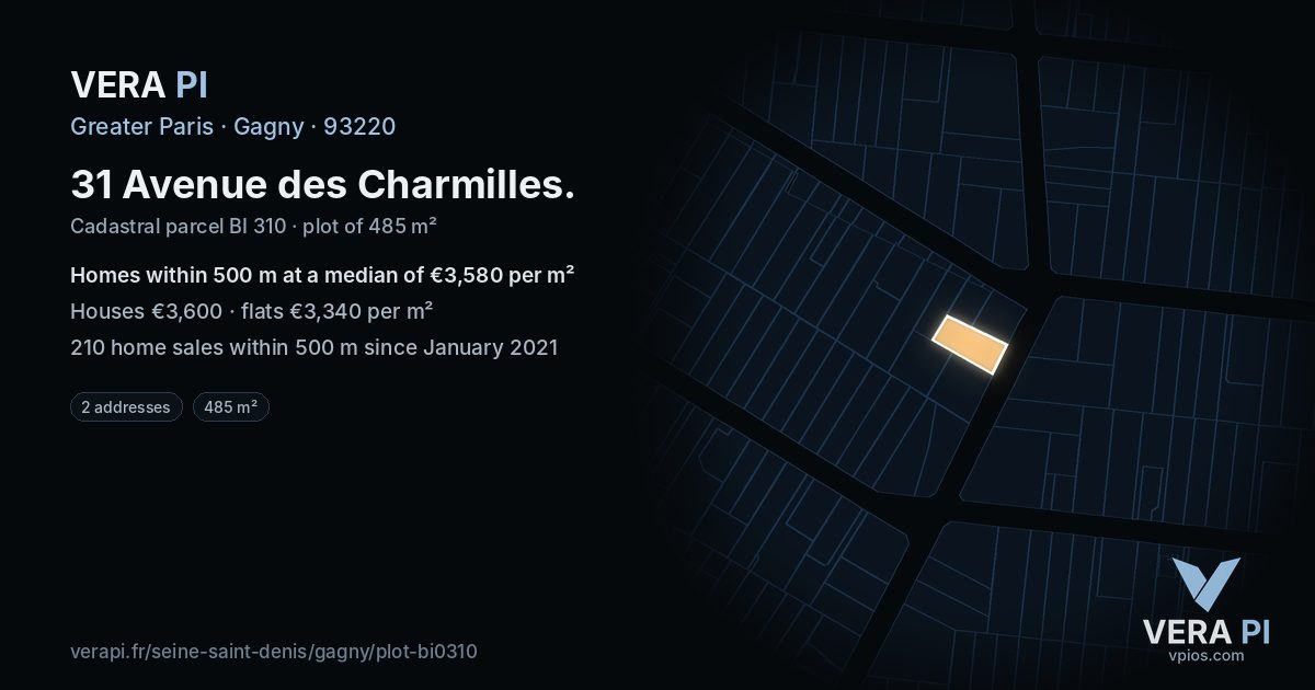 31 Avenue des Charmilles, Gagny at night – the plot lit, the parcels around coloured by the prices near them