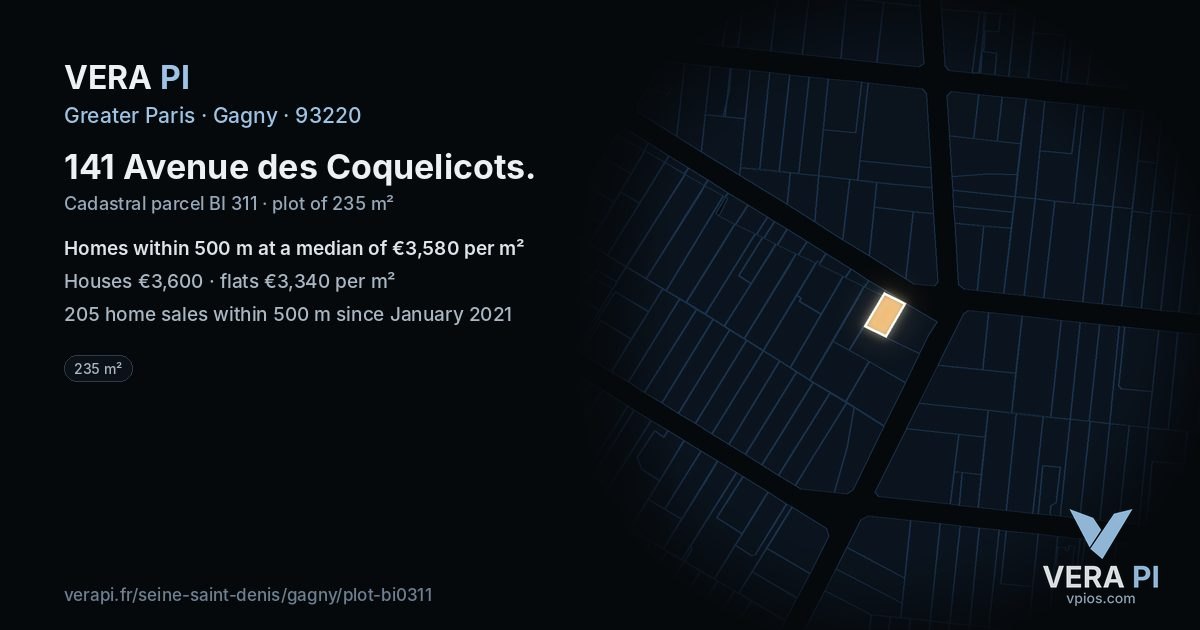 141 Avenue des Coquelicots, Gagny at night – the plot lit, the parcels around coloured by the prices near them