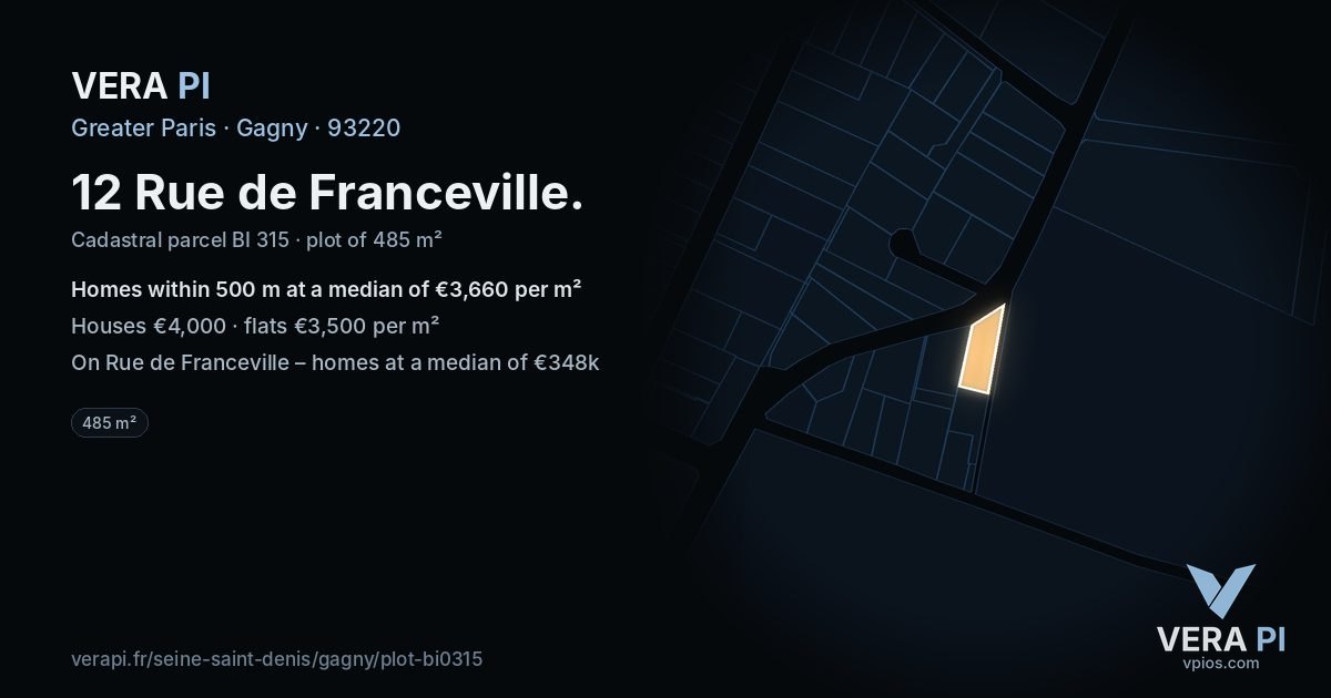 12 Rue de Franceville, Gagny at night – the plot lit, the parcels around coloured by the prices near them