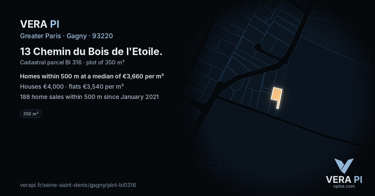 13 Chemin du Bois de l'Etoile, Gagny at night – the plot lit, the parcels around coloured by the prices near them