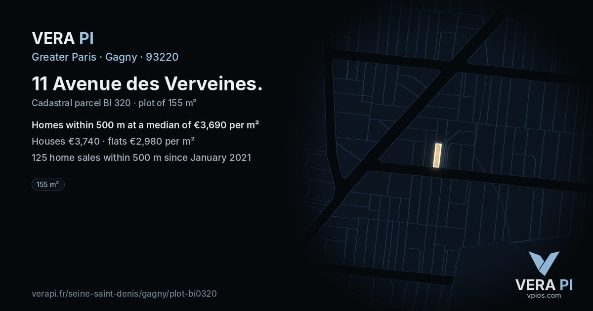 11 Avenue des Verveines, Gagny at night – the plot lit, the parcels around coloured by the prices near them
