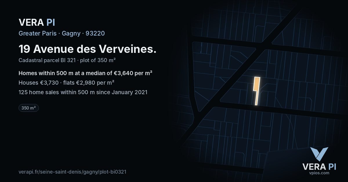 19 Avenue des Verveines, Gagny at night – the plot lit, the parcels around coloured by the prices near them