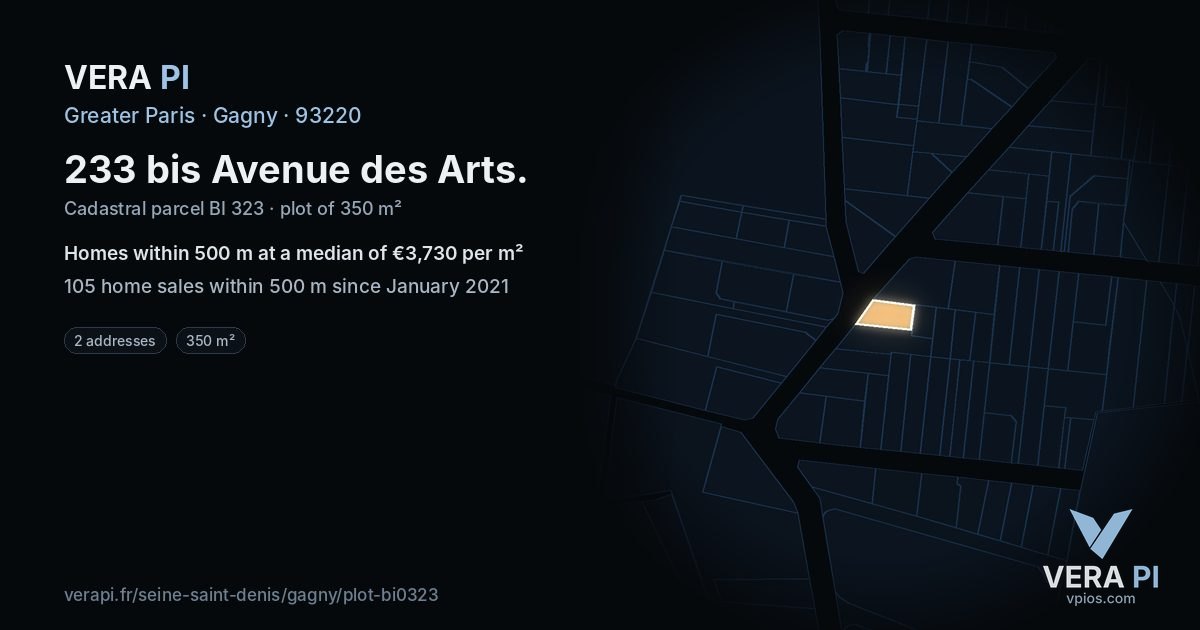 233 bis Avenue des Arts, Gagny at night – the plot lit, the parcels around coloured by the prices near them
