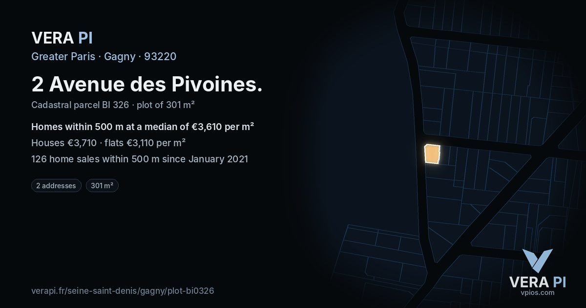 2 Avenue des Pivoines, Gagny at night – the plot lit, the parcels around coloured by the prices near them