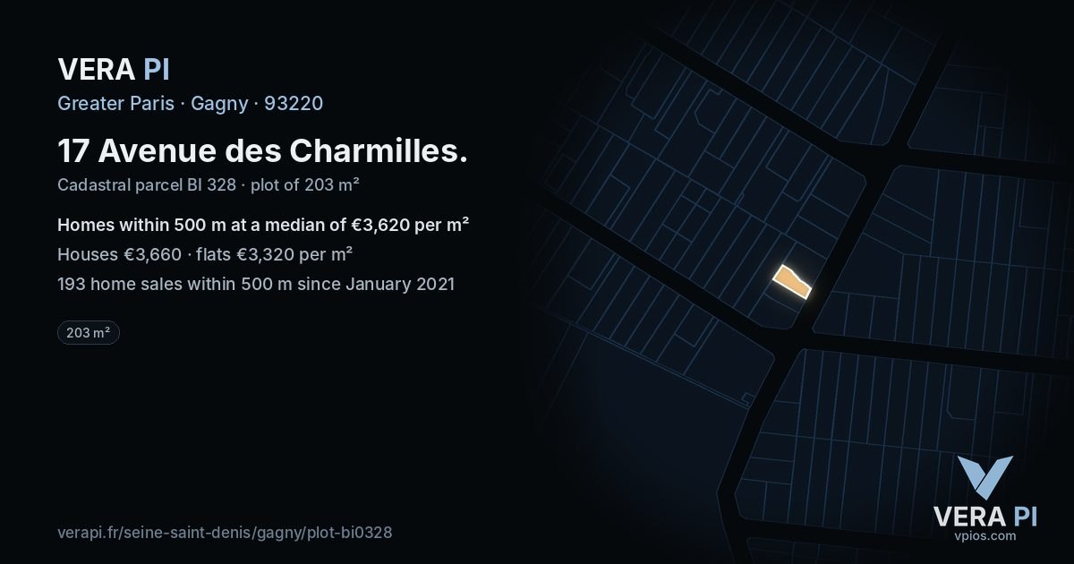 17 Avenue des Charmilles, Gagny at night – the plot lit, the parcels around coloured by the prices near them