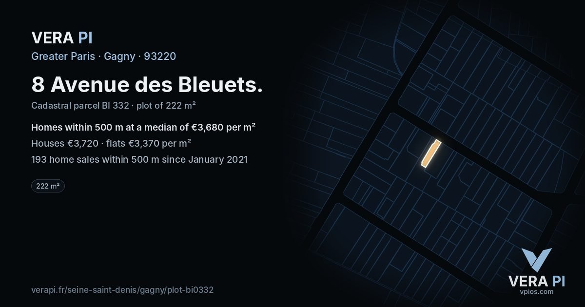 8 Avenue des Bleuets, Gagny at night – the plot lit, the parcels around coloured by the prices near them