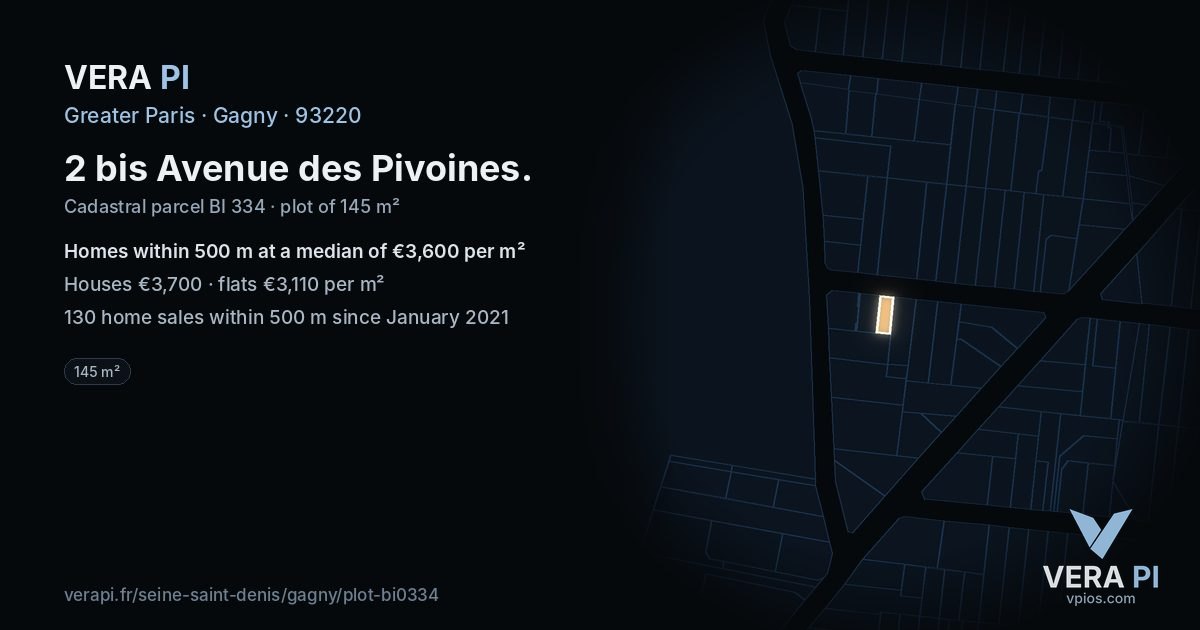 2 bis Avenue des Pivoines, Gagny at night – the plot lit, the parcels around coloured by the prices near them