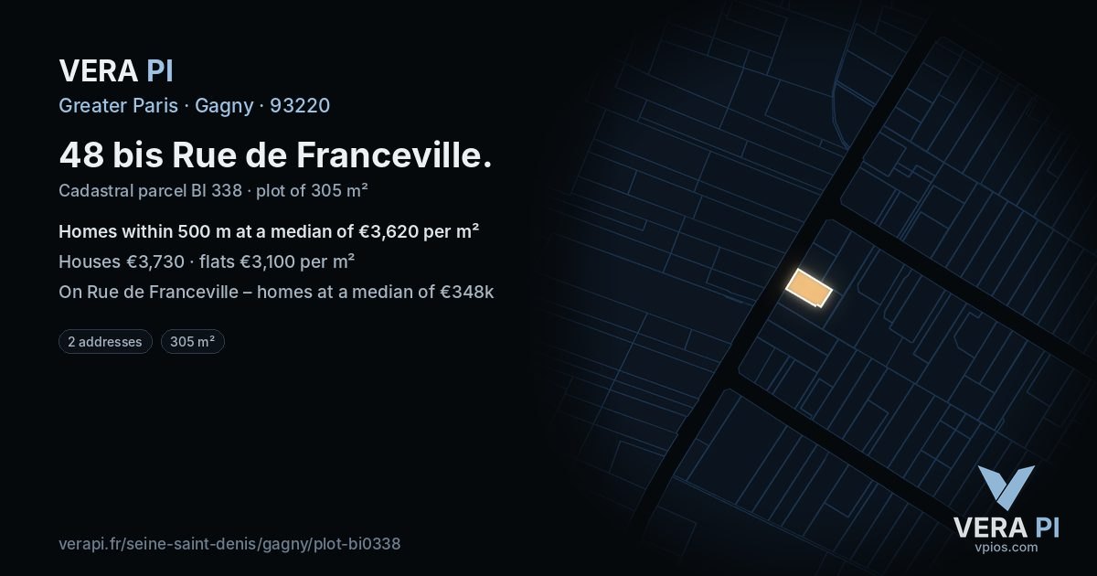 48 bis Rue de Franceville, Gagny at night – the plot lit, the parcels around coloured by the prices near them