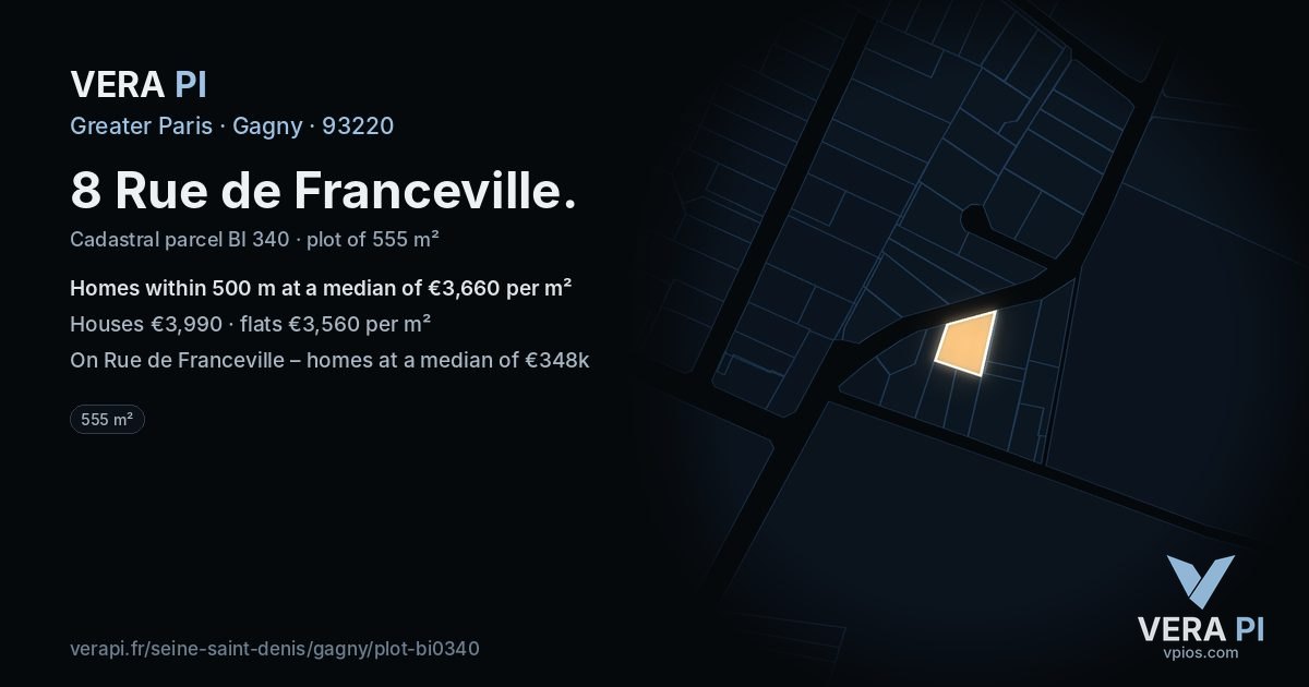 8 Rue de Franceville, Gagny at night – the plot lit, the parcels around coloured by the prices near them
