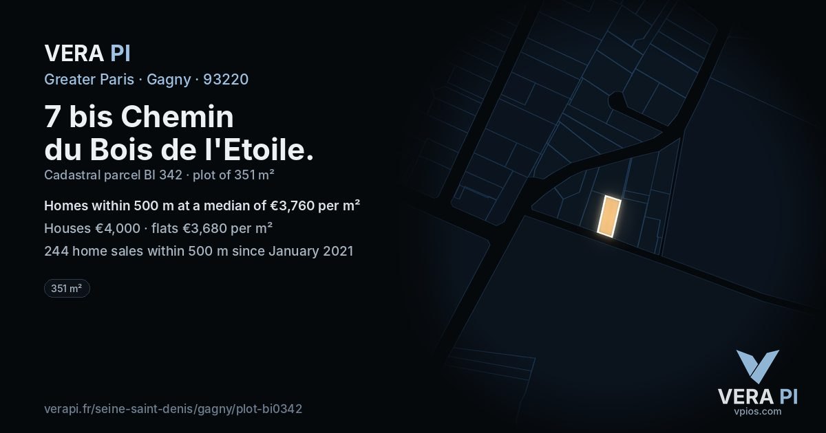 7 bis Chemin du Bois de l'Etoile, Gagny at night – the plot lit, the parcels around coloured by the prices near them