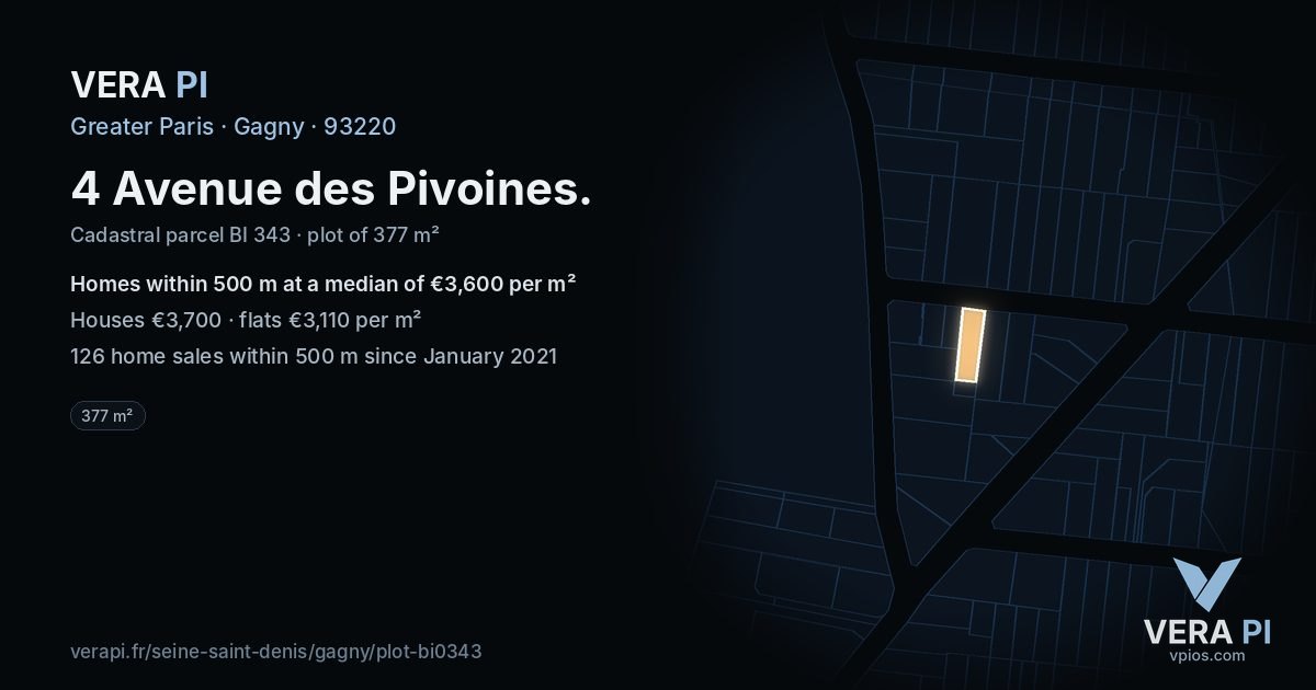 4 Avenue des Pivoines, Gagny at night – the plot lit, the parcels around coloured by the prices near them