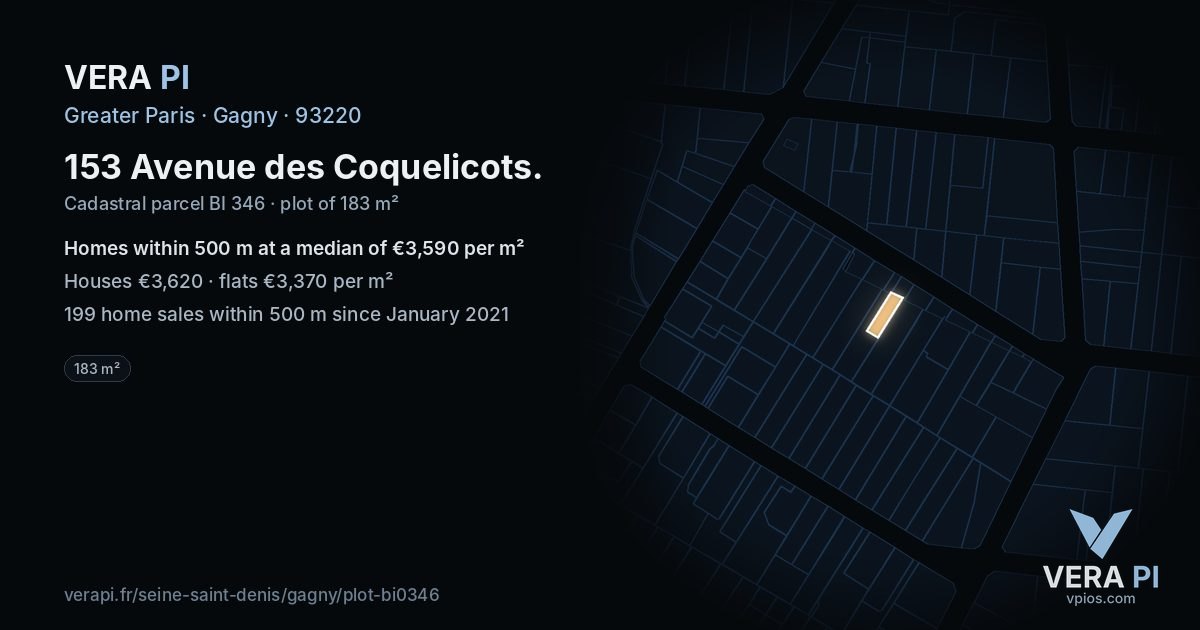 153 Avenue des Coquelicots, Gagny at night – the plot lit, the parcels around coloured by the prices near them